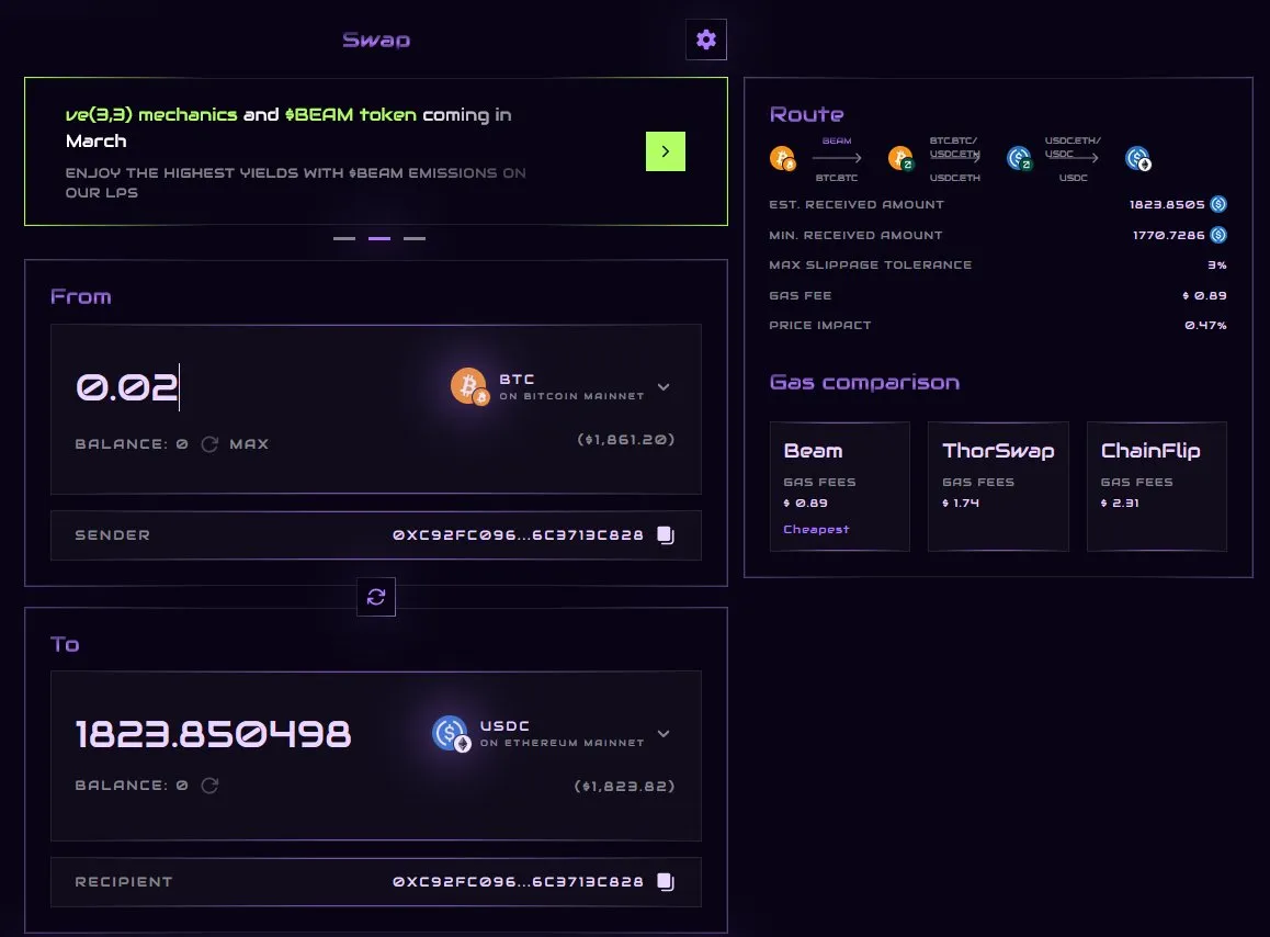 ZetaChain 13 Cross-chain asset swap from BTC to USDC via Beam on ZetaChain